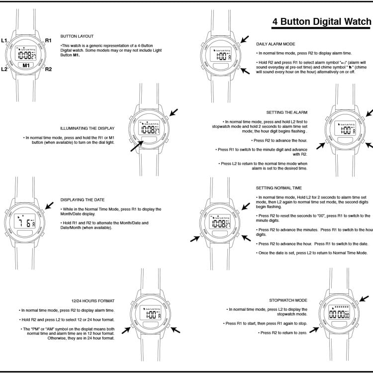 Digital watch store settings 4 buttons